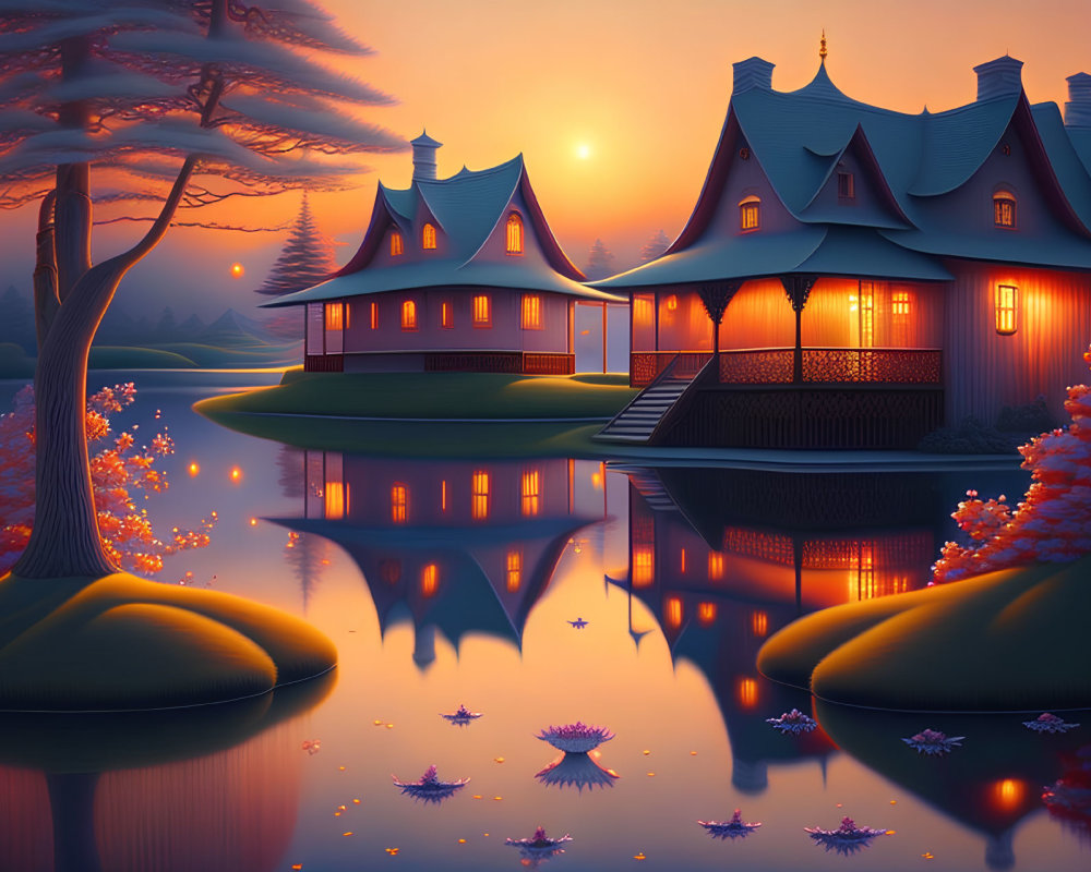 Tranquil Sunset Landscape with Traditional Houses and Water Reflections