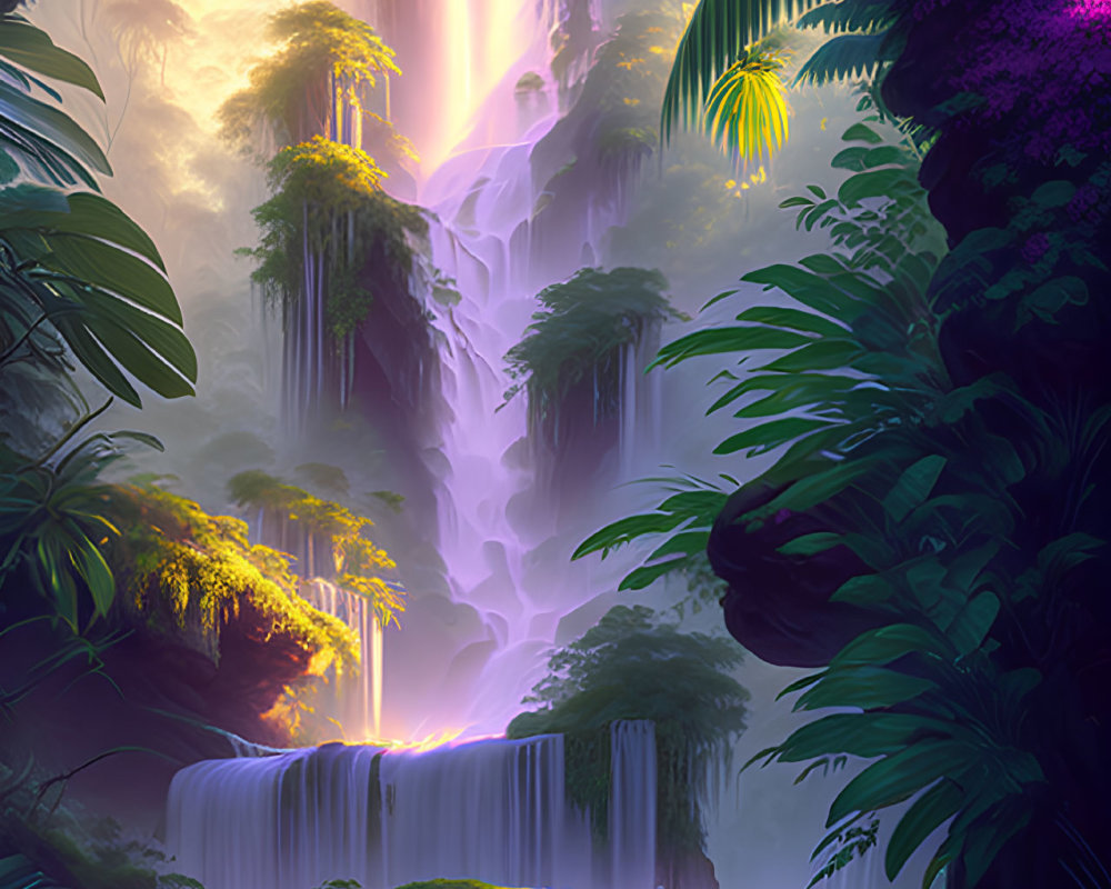 Majestic vibrant waterfall in lush tropical forest