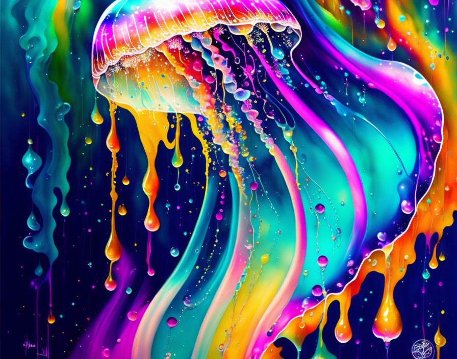 Colorful jellyfish painting on vibrant psychedelic background
