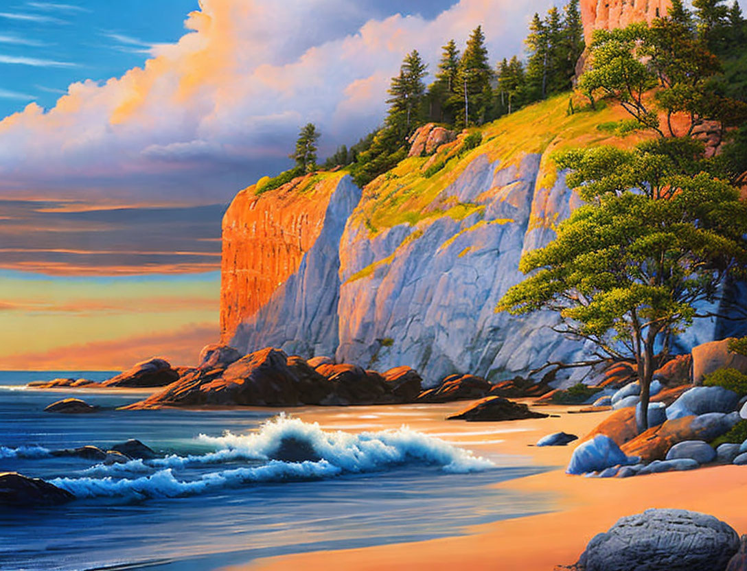 Scenic sunset over rugged cliff and serene beach