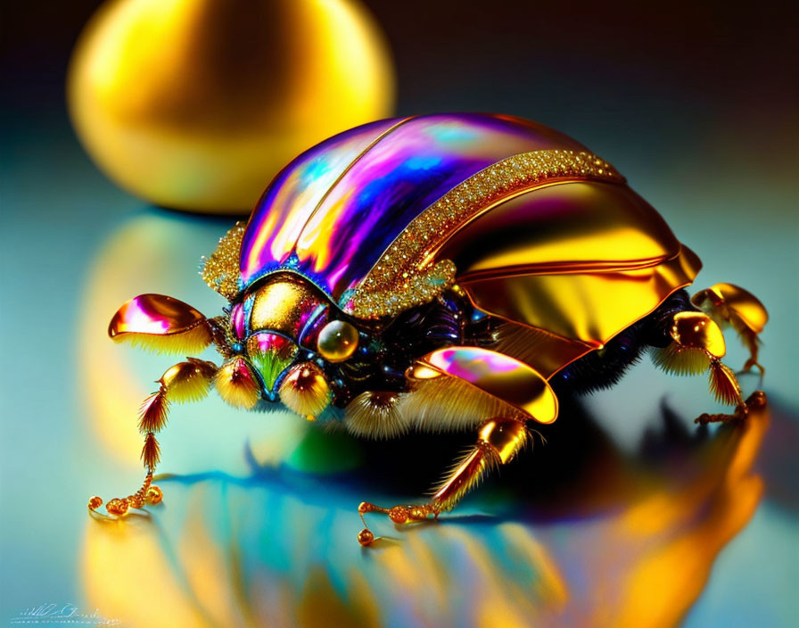 Iridescent Beetle with Golden Highlights on Reflective Surface