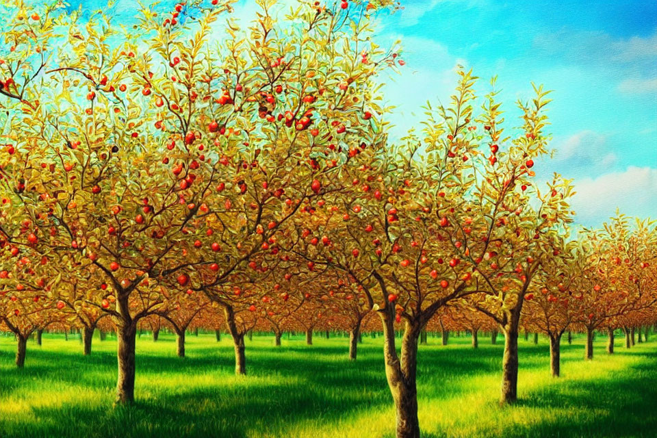 Lush apple orchard with rows of red fruit trees under blue sky