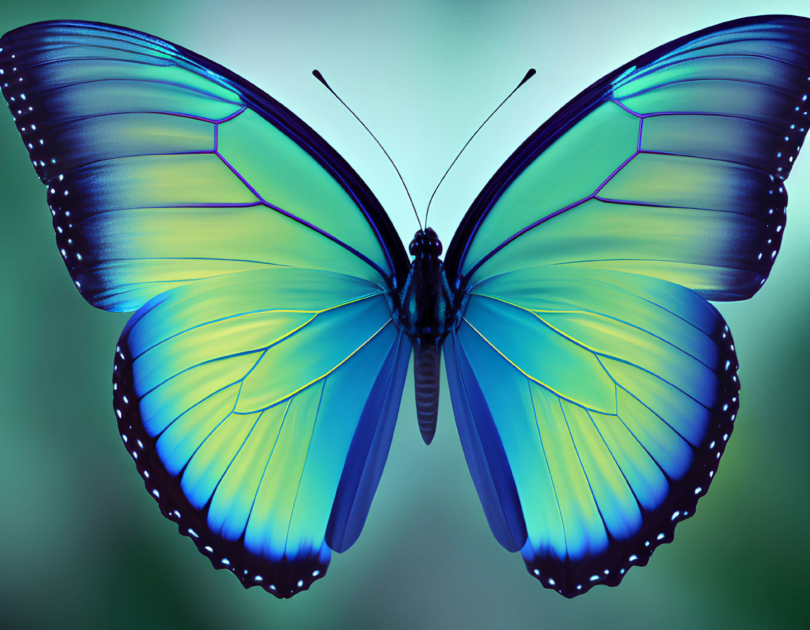 Vivid Blue Butterfly with Translucent Wings on Soft Green Background