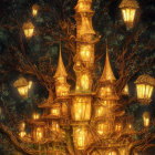 Enchanting multi-tiered treehouse with glowing lanterns in magical forest