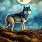 Wolf on hilltop under full moon and stars