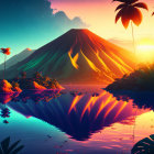 Colorful Tropical Scene: Volcano, Palm Trees, Sunset Reflections