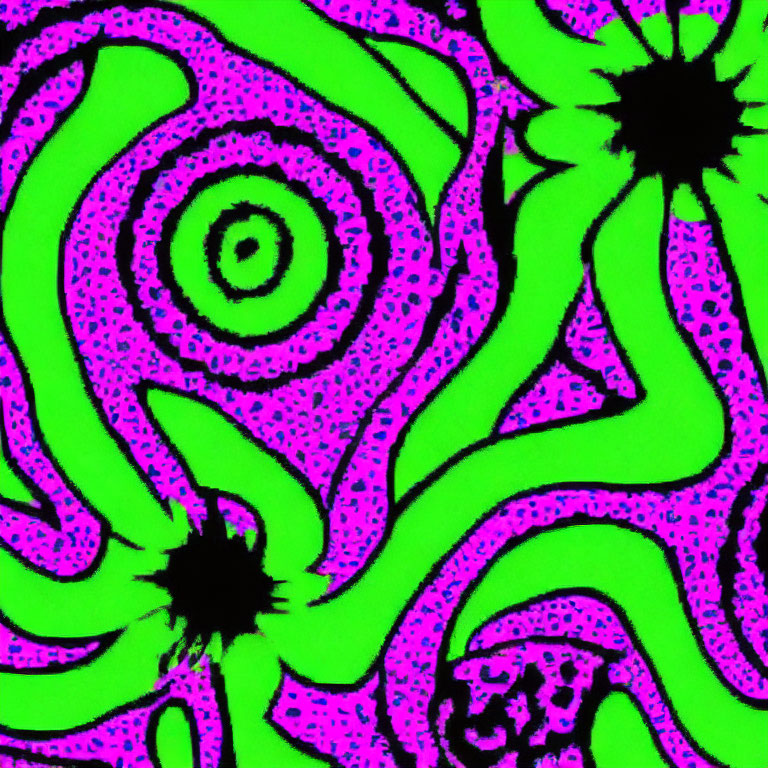 Swirling green and magenta psychedelic pattern with black star-like figures