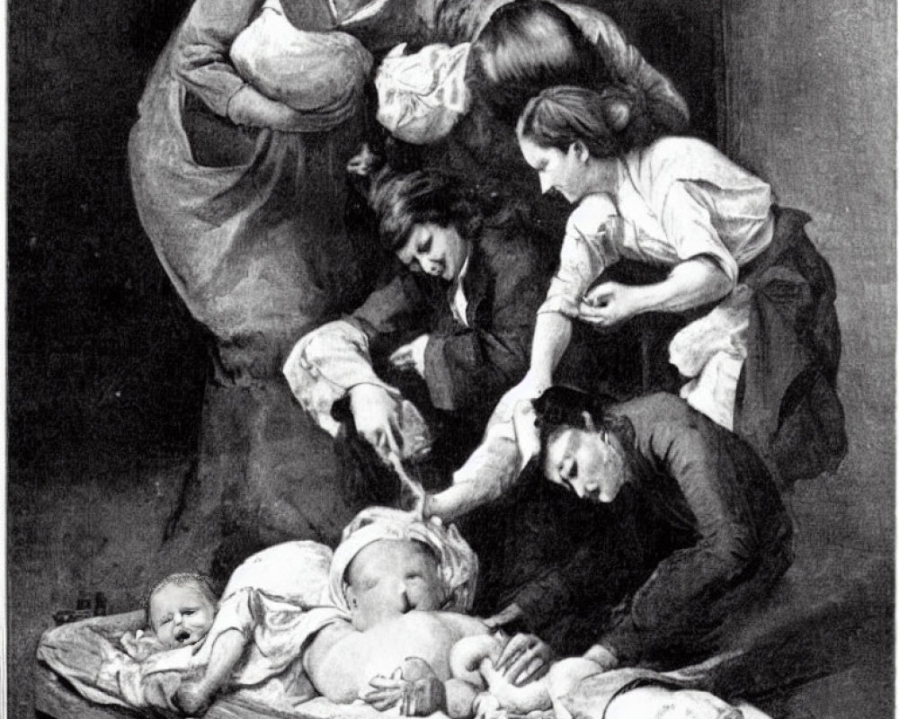 Vintage Black and White Illustration of Mother and Children with Babies