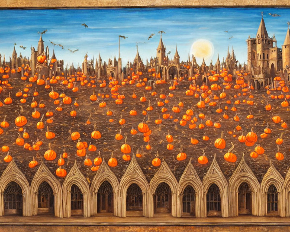 Medieval castle surrounded by floating pumpkins under a full moon