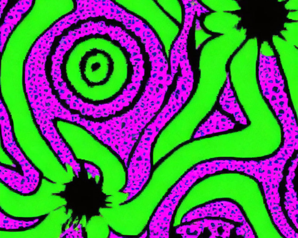 Swirling green and magenta psychedelic pattern with black star-like figures