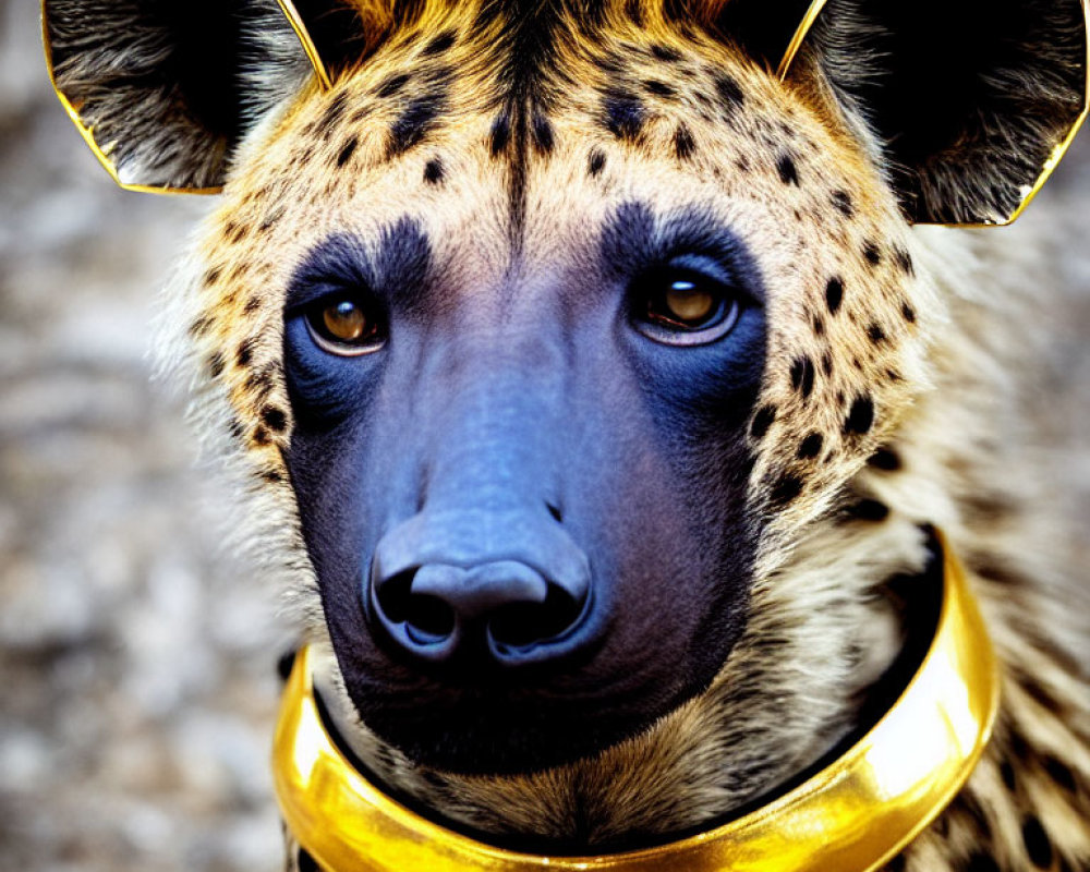 Surreal creature with cheetah fur, human eyes, gold headphones, and collar