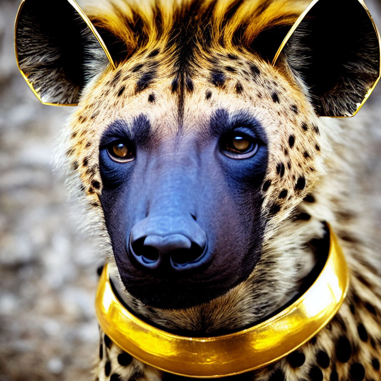 Surreal creature with cheetah fur, human eyes, gold headphones, and collar