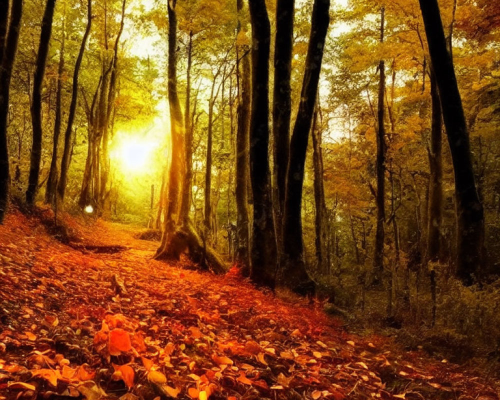 Autumn forest scene with golden sunlight filtering through tall trees