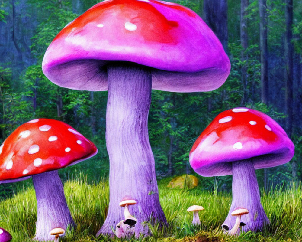 Colorful Fantasy Forest Scene with Oversized Red-Capped Mushrooms