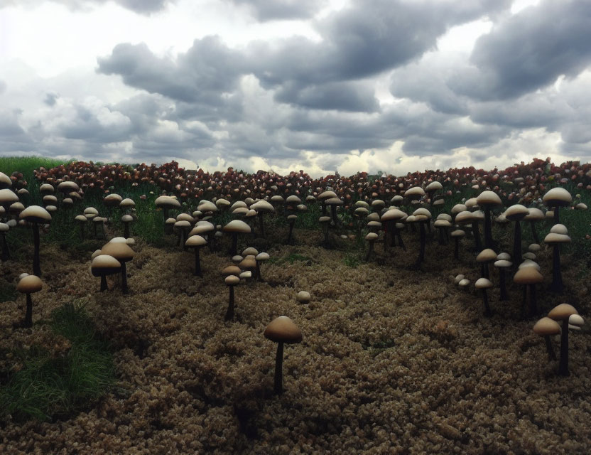 Artificial mushroom field on fluffy bed under cloudy sky