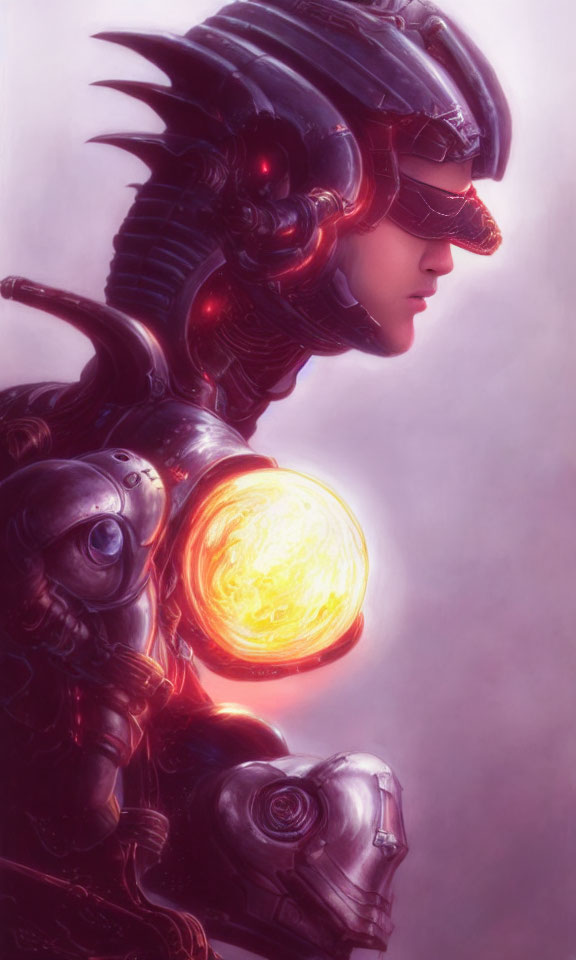 Futuristic helmet with glowing orange elements on detailed armored suit