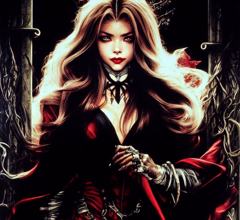 Blonde Female Character in Red and Black Costume with Cape Against Dark Background