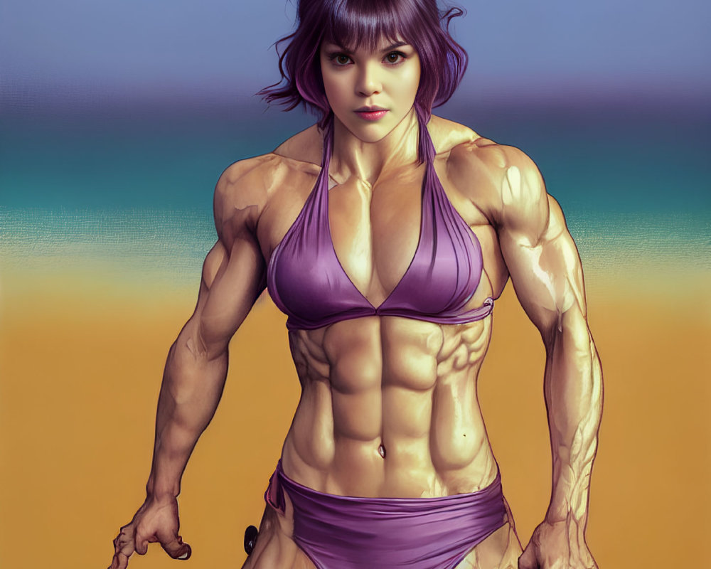 Muscular Woman in Purple Bikini with Short Hair on Gradient Background