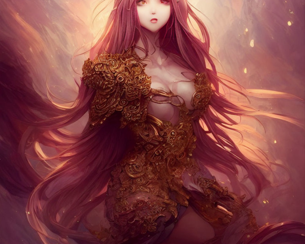 Ethereal female character in golden armor with flowing brown hair