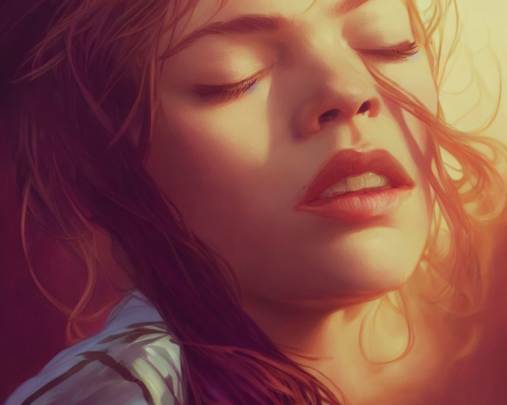 Woman with Closed Eyes in Digital Painting: Sun-Kissed Skin, Wavy Hair