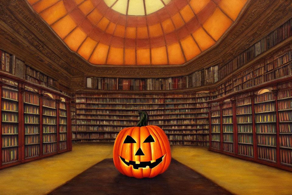 Glowing jack-o'-lantern in oval-domed library with wooden bookshelves