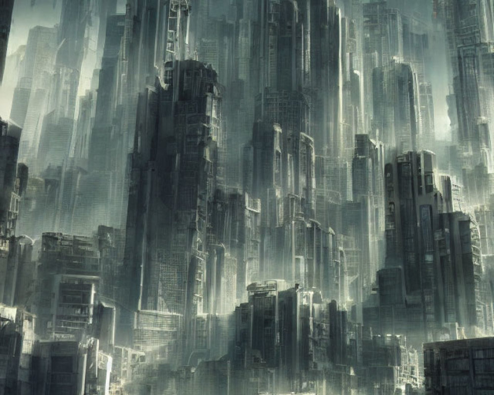 Futuristic dystopian cityscape with misty skyscrapers in dark blues and grays