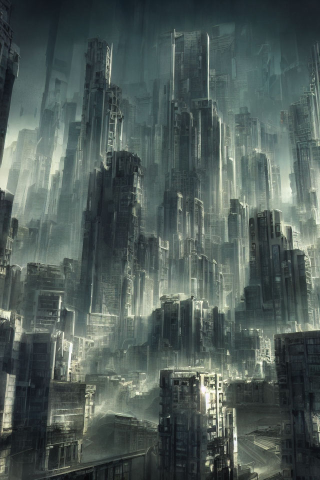Futuristic dystopian cityscape with misty skyscrapers in dark blues and grays