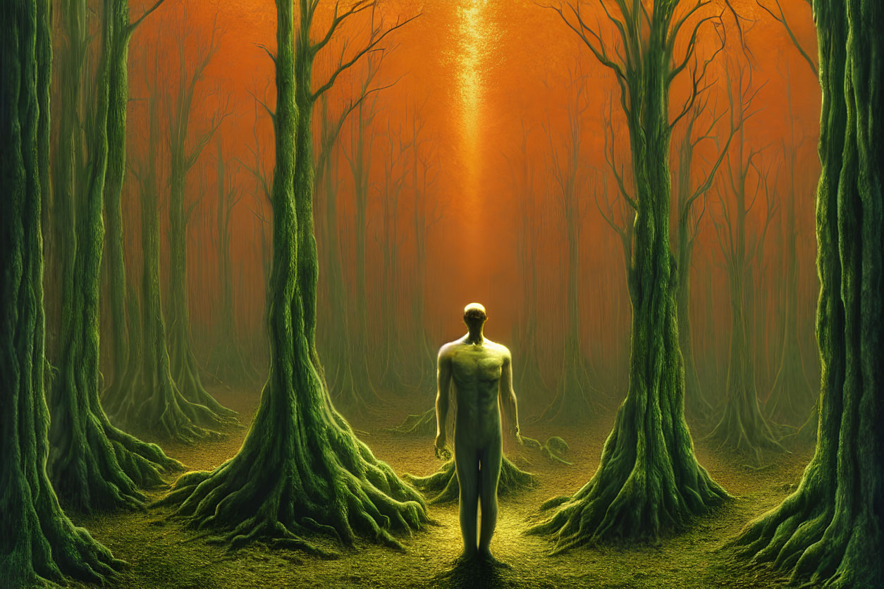 Humanoid Figure in Eerie Green Forest with Bright Orange Light