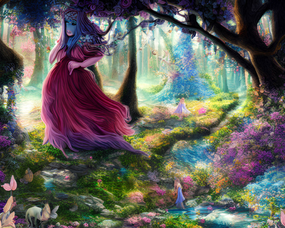 Woman in pink dress floating above vibrant forest scene with woodland creatures
