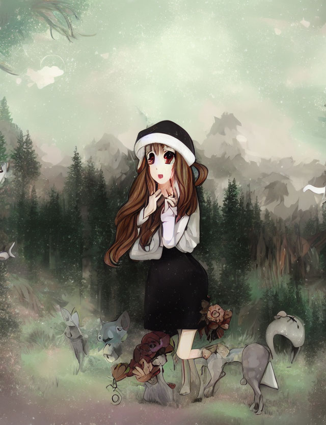 Girl in Black and White Outfit Surrounded by Whimsical Animals in Misty Forest