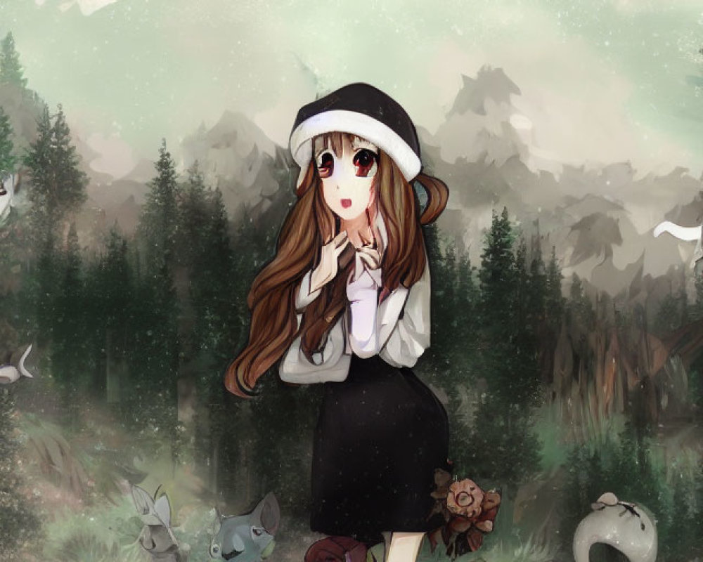 Girl in Black and White Outfit Surrounded by Whimsical Animals in Misty Forest