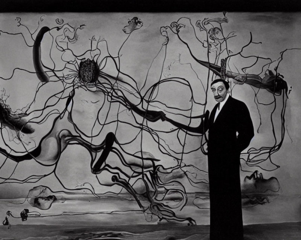 Monochrome image of man in suit with surreal painting