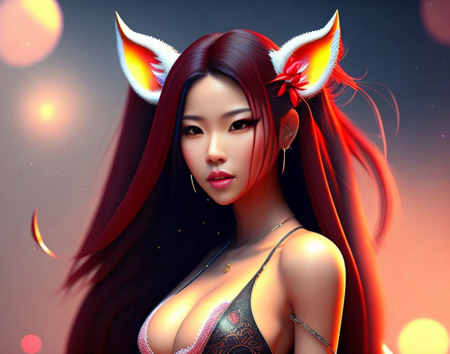 Illustrated female figure with red and white fox ears and fantasy attire against mystical background