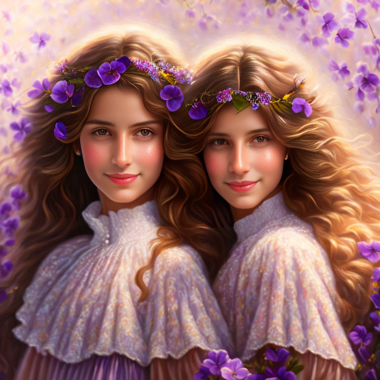 Two smiling women with curly hair and purple flowers, ruffled collars, on a soft purple background