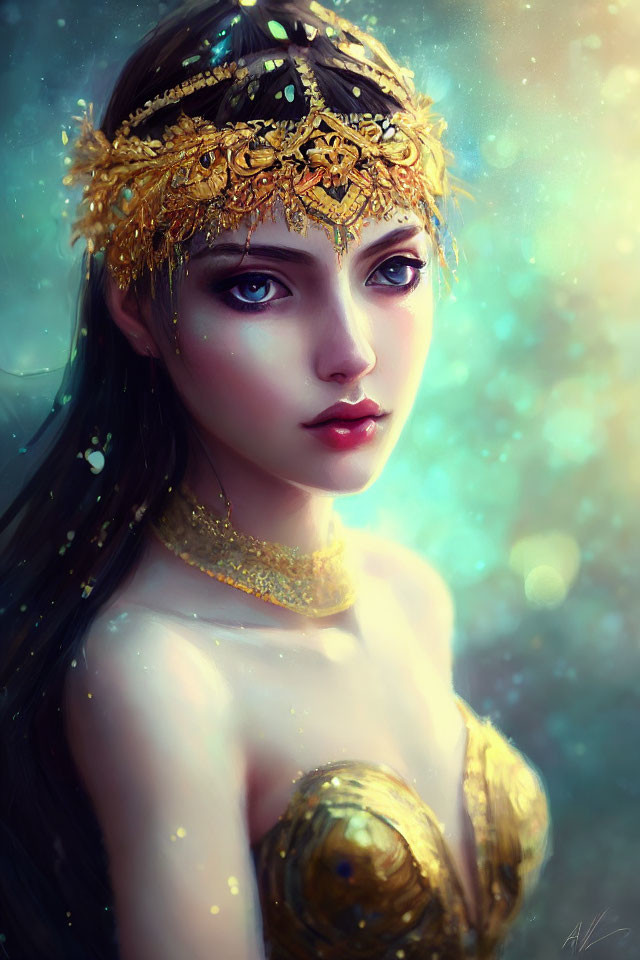 Detailed digital portrait of woman with blue eyes and golden headpiece against soft background
