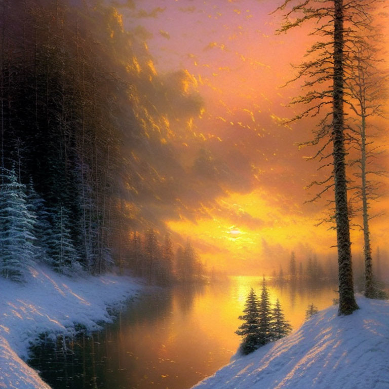 Snow-covered trees and tranquil river in winter sunset scene