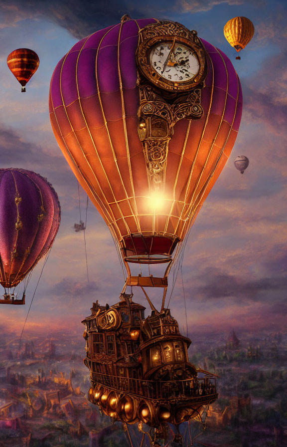 Steampunk hot air balloon with clock and gears over dreamy cityscape