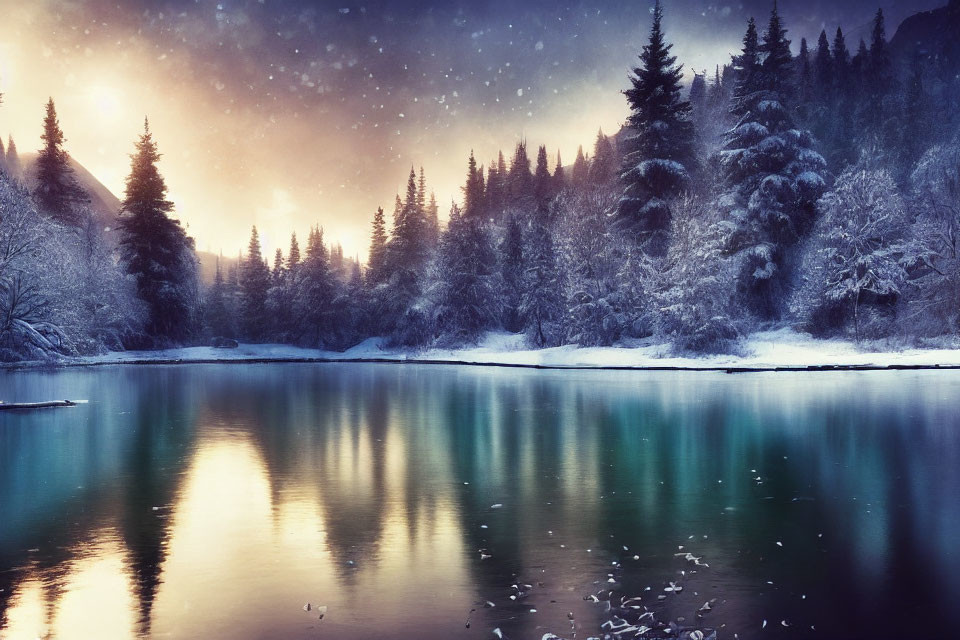 Snow-covered trees, tranquil lake, twilight hues: serene winter landscape.
