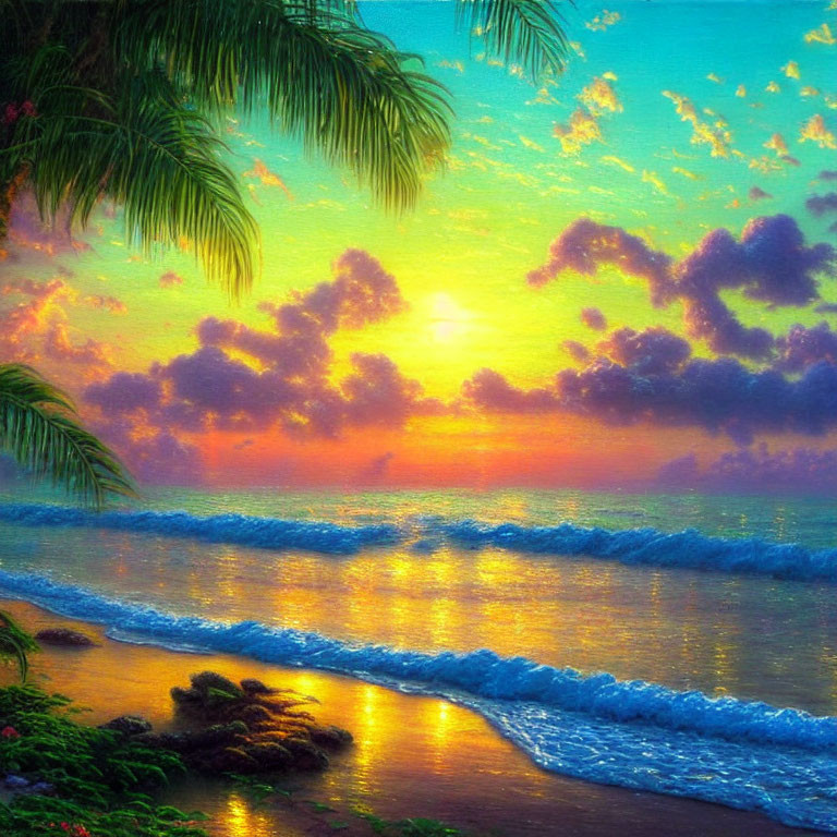 Scenic Sunset with Golden Sky, Ocean Waves, and Tropical Foliage