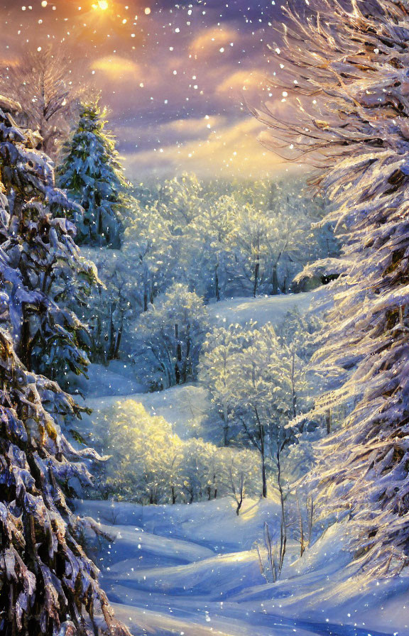 Snow-covered trees in a glowing winter forest clearing