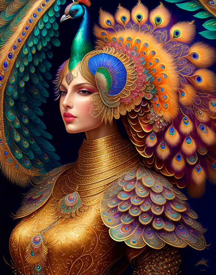 Illustrated woman in peacock feather attire and golden armor.