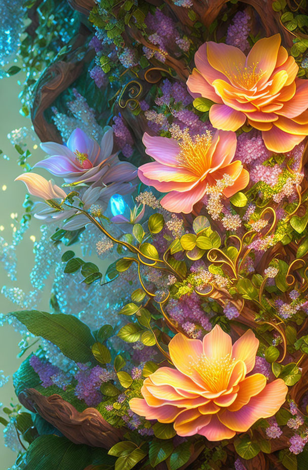 Enchanted illustration of vibrant flowers and lush greenery with magical background