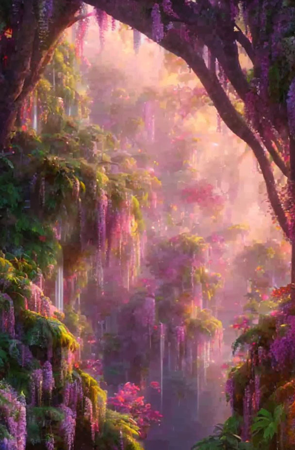 Ethereal forest scene with natural archway and purple flowers