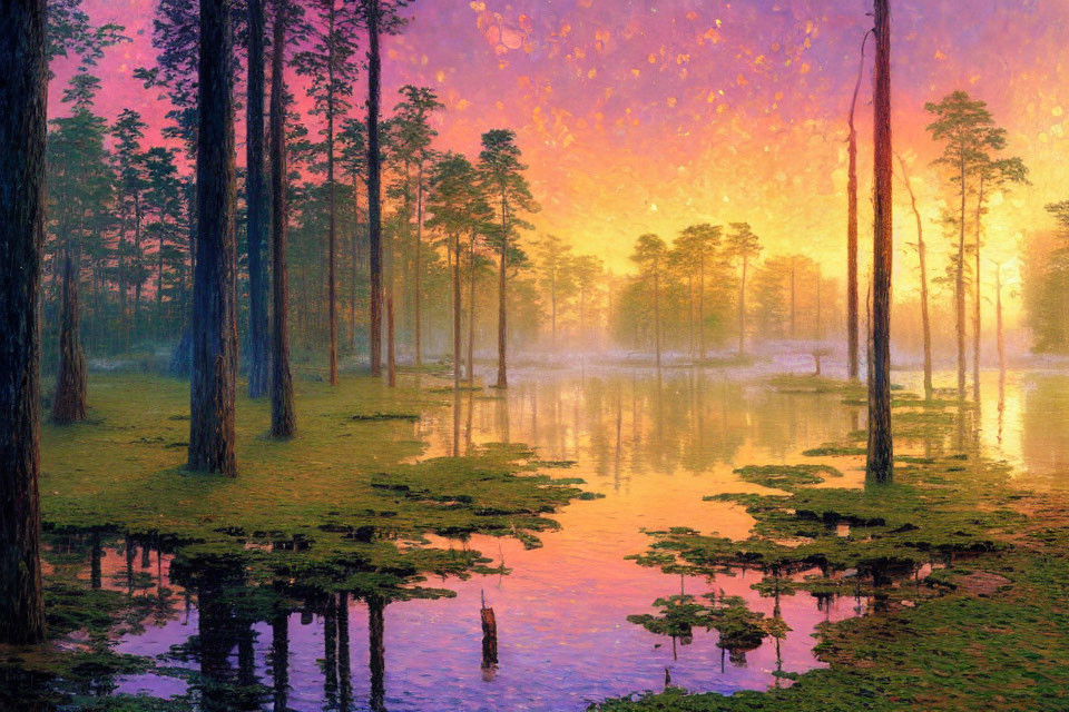 Tranquil forest with tall pine trees reflected in water at colorful sunset
