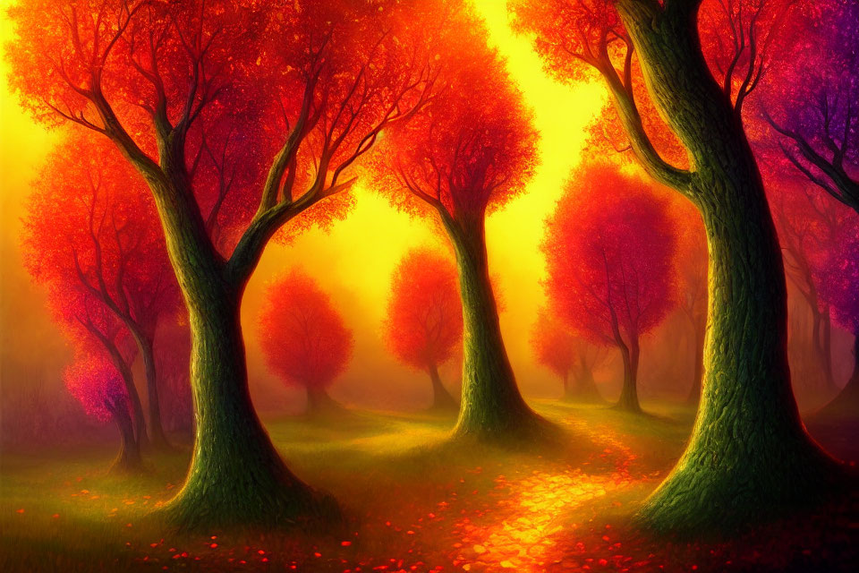 Vivid Red and Orange Foliage in Enchanted Forest Scene