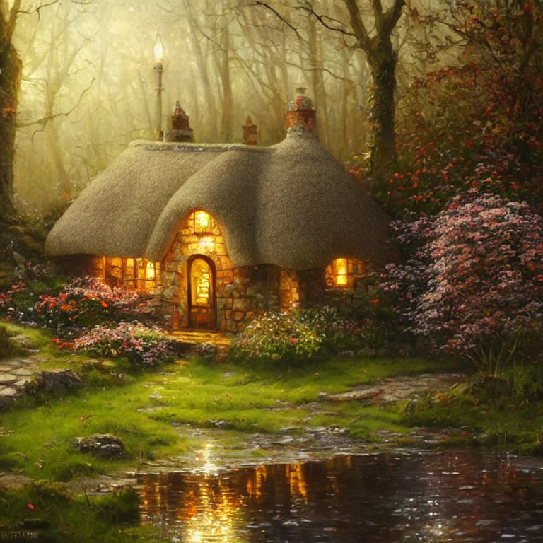 Thatched-Roof Cottage in Mystical Forest with Blooming Flowers