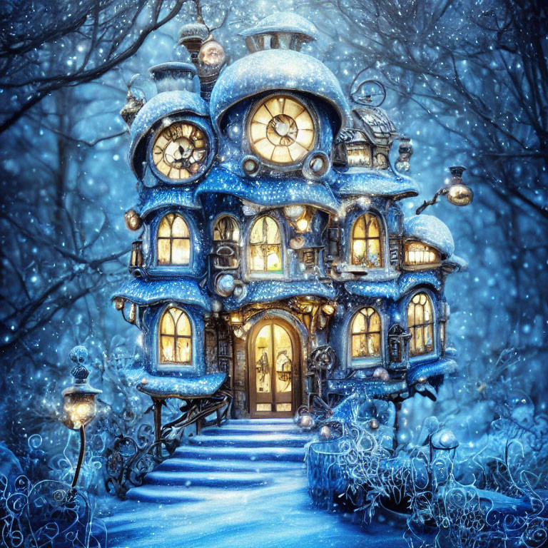 Clock-themed blue house in enchanted snowy forest at twilight