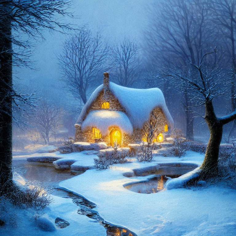 Thatched cottage in snowy twilight with frozen pond