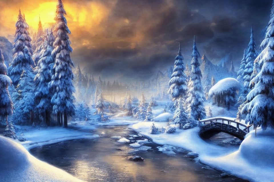 Snow-covered trees, frozen creek, and golden sunrise in winter landscape