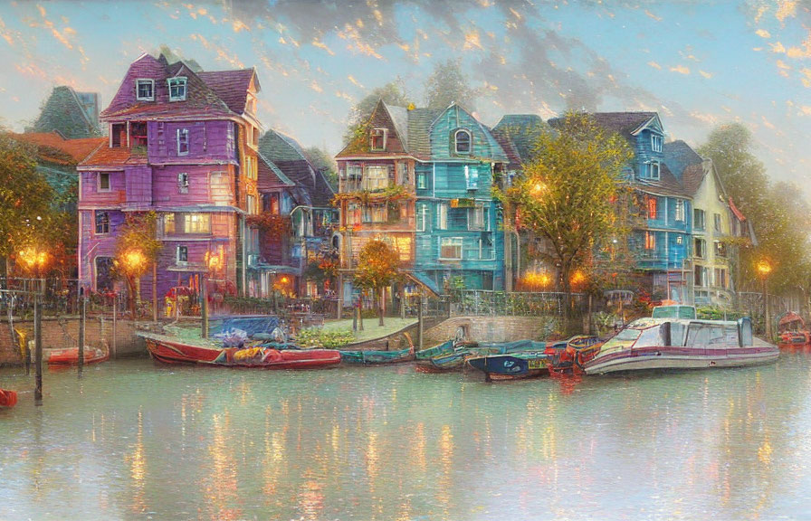 Vibrant riverside houses at twilight with boats and reflections in serene setting